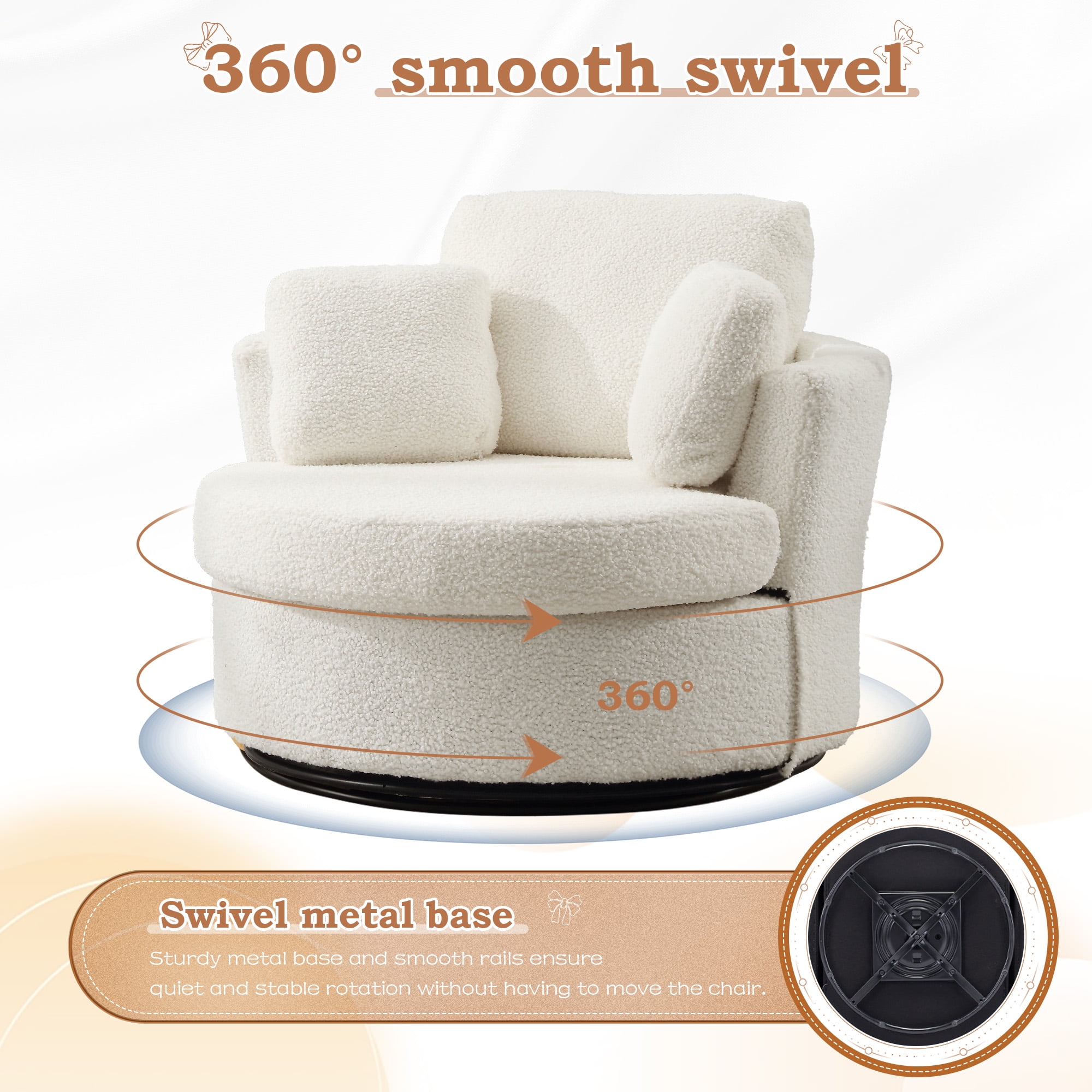 Muumblus Teddy Oversized Swivel Accent Chair Barrel Chair, 42.1" W Comfy Large Armchair with Pillows, Modern Leisure Sofa Chair for Living Room Bedroom, Ivory