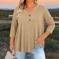 thumbnail image 4 of KyCheLot Women's V Neck Tops Fall Button Plus Size 3/4 Length Sleeve Solid Color Clothes Comfy Loose Hiking Tops, 4 of 6