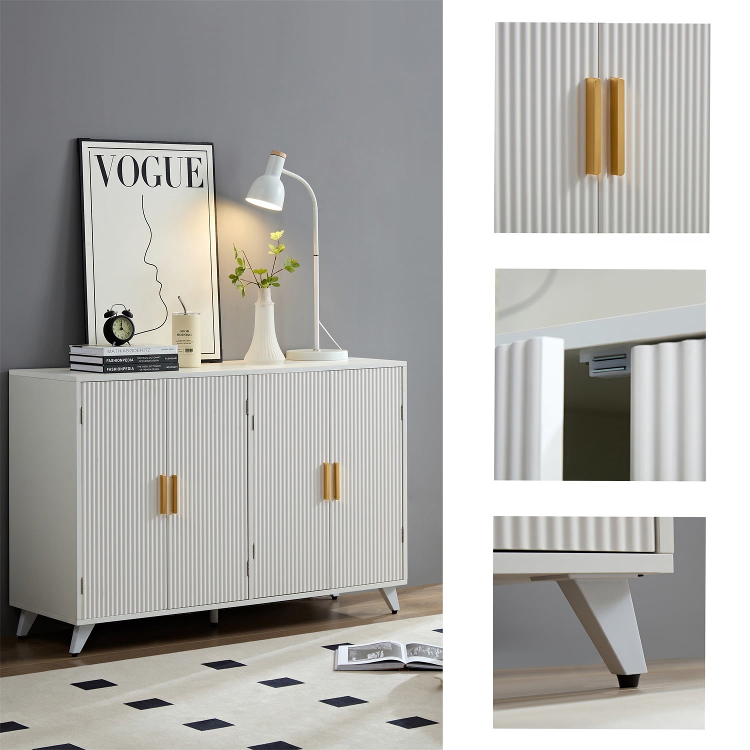 Hommoo Wavy Texture Sideboard Buffet Cabinet with 4 Doors and Removable Shelves, Accent Cabinets Coffee Bar Cabinet, Modern Multifunctional Storage Cabinet for Home, Ivory White