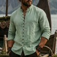 thumbnail image 2 of XuJwPNcy Men Long Sleeve Linen Shirts Casual Mock Neck Button down Tops Fall Beach Vacation Shirts(Green,X-Large), 2 of 7