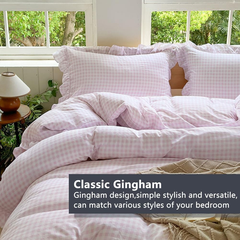Pink Gingham Ruffle Duvet Cover King Size, 3 Pieces Soft Pre-Washed Microfiber Checked Plaid Comforter Cover Set, Vintage Farmhouse Bedding Set(Pink Gingham, King 104"x90")