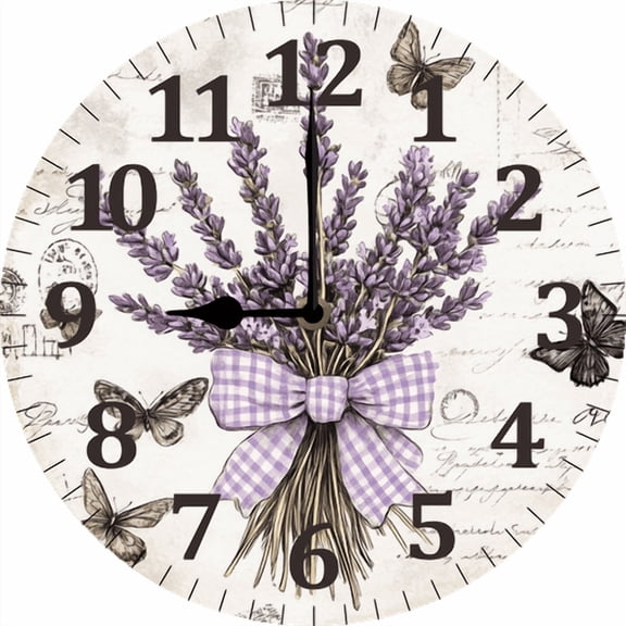 Eveokoki Wood Wall Clock Rustic Country Silent Non-Ticking 10 Inch Vintage Lavender Butterflies Round Clocks Battery Operated for Living Room Kitchen Bedroom Bathroom Office Home School Decor