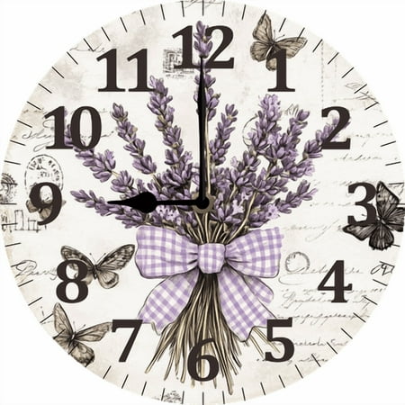 Eveokoki Wood Wall Clock Rustic Country Silent Non-Ticking 10 Inch Vintage Lavender Butterflies Round Clocks Battery Operated for Living Room Kitchen Bedroom Bathroom Office Home School Decor