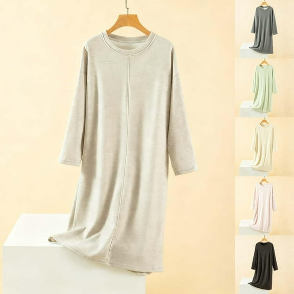 Aboser Women's Fleece Nightgown Built in Bras Sleepwear Soft V Neck Nightshirts Casual Long Sleeve Loungewear Solid Color Long Sleepdress