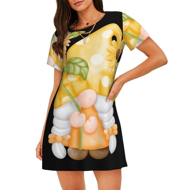 Fotbe Sunflower Gnomes 3 Bata de Dormir para Mujer con Estampado, Camisón de Algodón de Manga Corta, Ropa de Dormir Casual