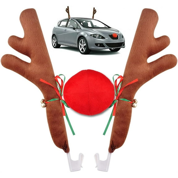 1Set Reindeer Car Decoration,Antlers Christmas Plush Car Decor,Exterior Universal Car Vehicle Accessories,Xmas Red-Nose Decoration Kit,for Car Window Roof-Top & Front Grille (Khaki)