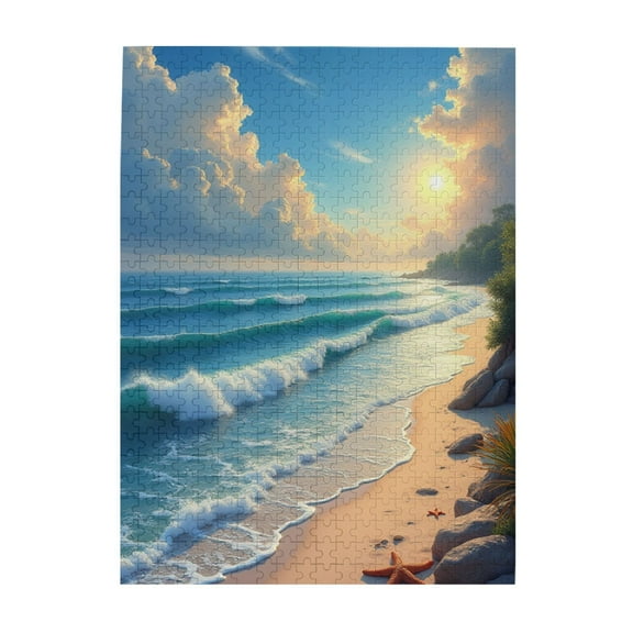 500 Piece Jigsaw Puzzles For Adults Serene Beach Sunset Relaxing Ocean Waves & Starfish Challenging Puzzle Game Home Décor Gift Idea