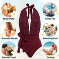 thumbnail image 5 of set of wine red one-piece swimming strapper women's tight vintage print with a wrap skirt, 5 of 5