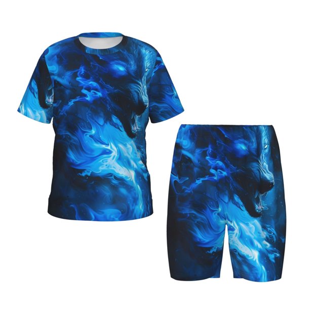 Fotbe Wolf Pijama Estampada de 2 Piezas para Niños – Ropa de Dormir de Manga Corta Cómoda para Niños y Niñas, Camiseta y Shorts de Algodón-Medium