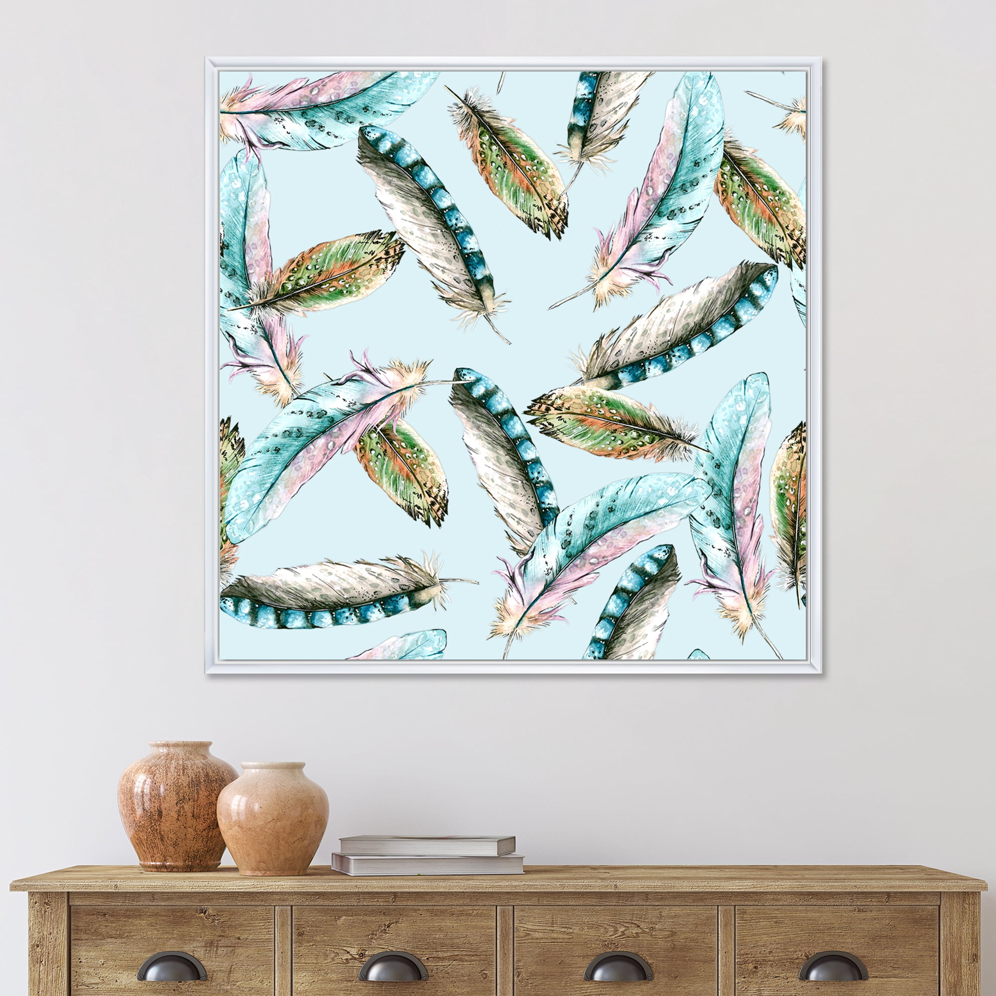 Green Bird Feathers On Blue Background 36 in x 36 in Framed Painting Canvas Art Print, by Designart