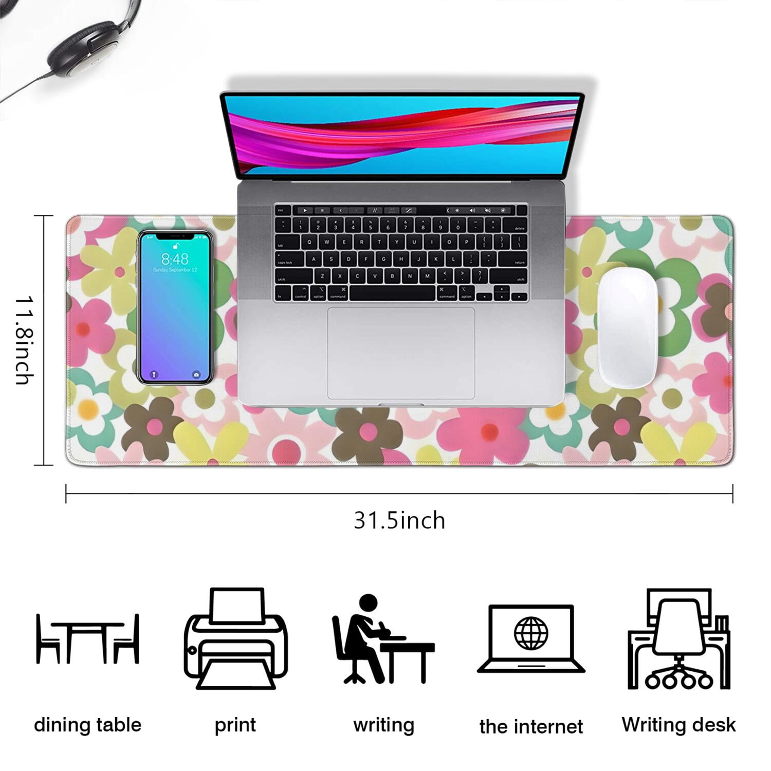 Long Mouse Pads for Desk,Pioneer Flower Floral Print Pattern Desk Mats on Top Of Desks, Desk Mouse Pad Extra Large with 3mm Non-Slip Base and Stitched Edge for Gaming,Office,Work,Home 31.5"x11.8"