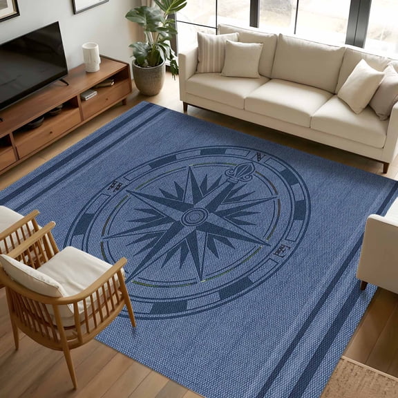 6x9 Area Rugs, Nautical Compass Non-Skid Rubber Backing Large Rectangle Rugs - Living Room Bedroom Home Office, Navy Blue Striped Coastal Compass Indoor Floor Mat Carpets Washable Rug