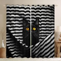 jejeloiu Kawaii Cat Animals Black Out Curtains,Black Geometric Stripe Curtains Pack of 2 (42x63 Each) For Girls Kids