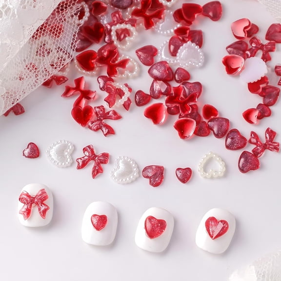 Tutuviw 150 PCS Valentine Nail Charms and Gems Red Glitter Bow Heart Nail Rhinestones White Heart Pearl Nail Jewelry Resin Bow Flatback Charms Mixed for Nails Design Accessories Nail Art