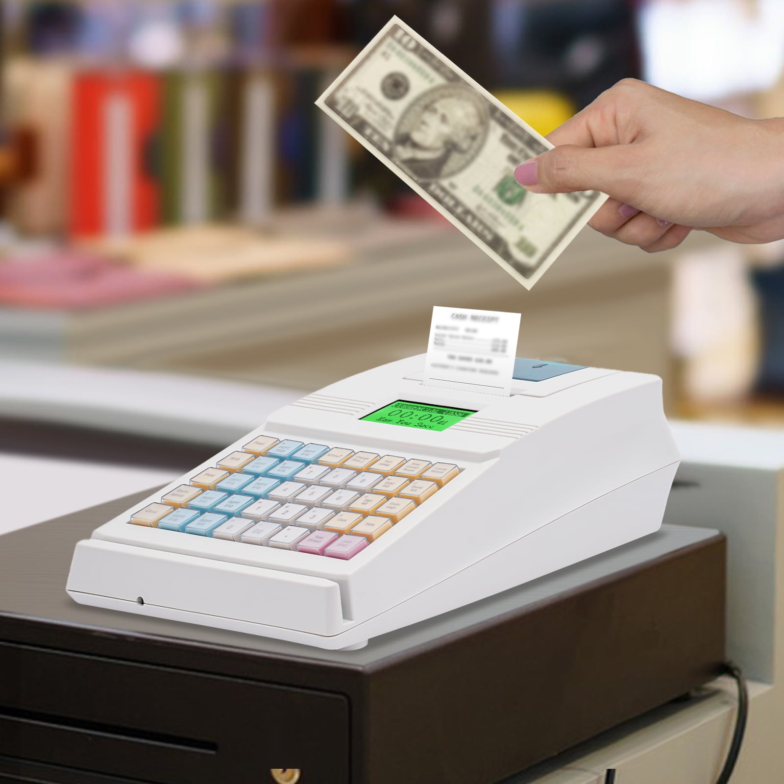 Compact & Durable Cash Register with 40 Keys, 10,000 PLU, 128x64 LCD Display, for Retail, Supermarket, and Restaurant