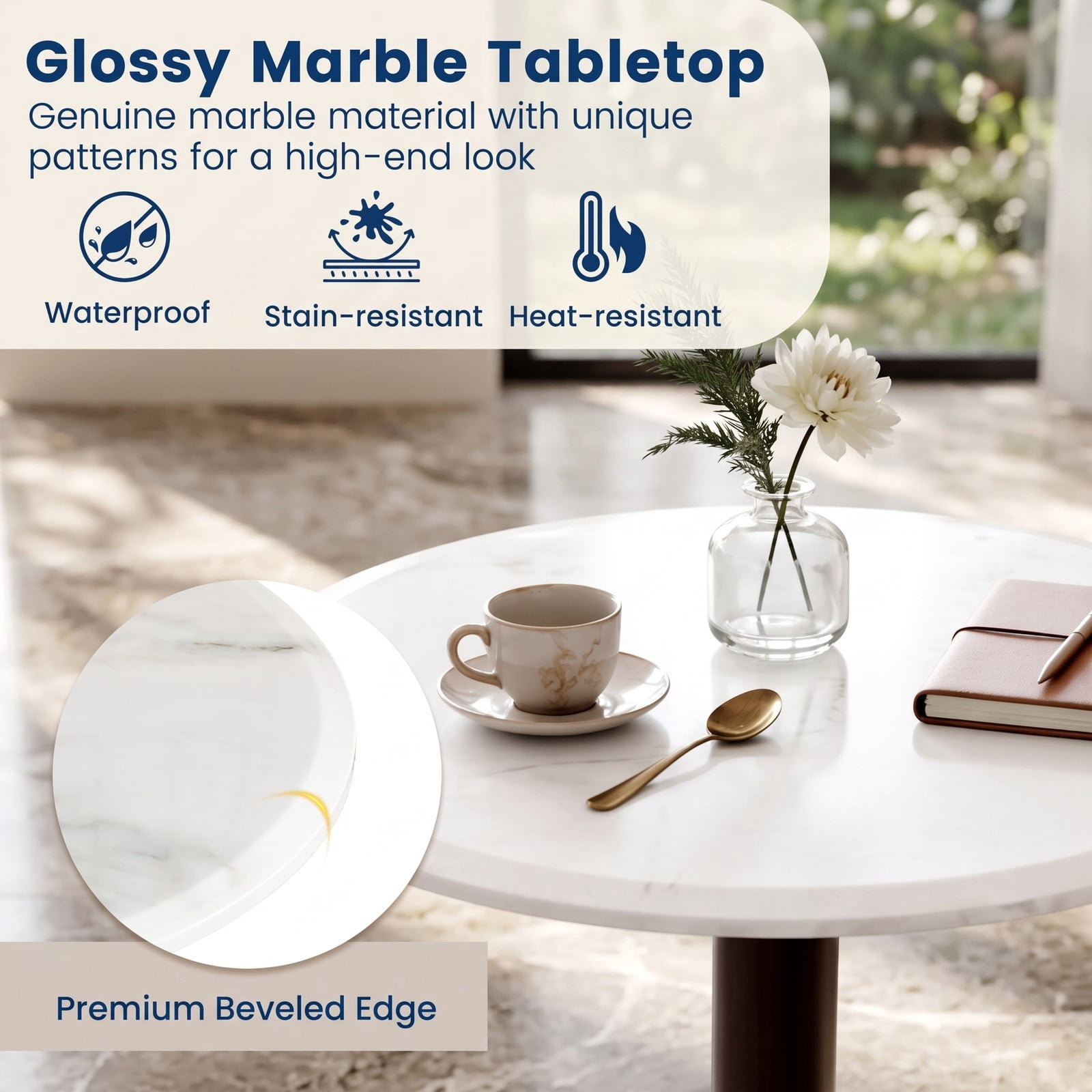Furnibear Round Marble Side Table, Pedestal End Table with Genuine Stone Top and Solid Wood Base, Waterproof Accent Nightstand for Living Room Bedroom, White & Black