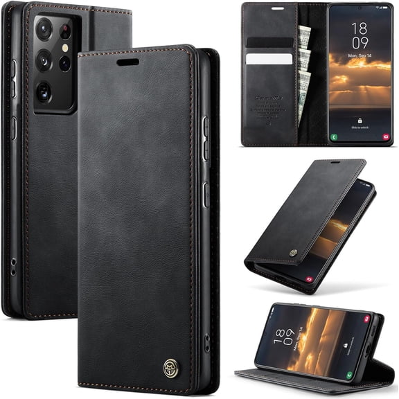 Wallet Case for Samsung Galaxy S21 Ultra Leather Wallet Flip Cover with Card Holder, Kickstand, Magnetic Closure, RFID Blocking TPU Shockproof Phone Case Compatible with S21 Ultra