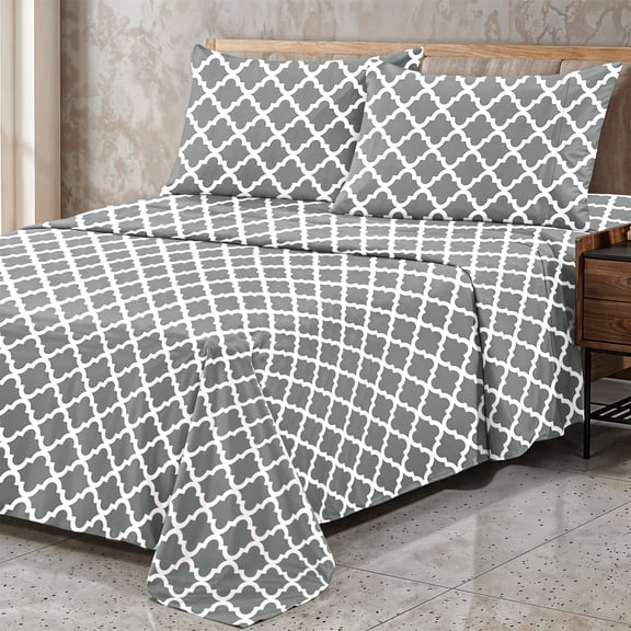 Lux Decor Queen Bed Sheets Set 4 Piece - Quatrefoil Pattern, Ultra Soft Sheet Deep Pocket Fit, Wrinkle Free, Breathable & Fade Resistant OEKO-TEX Certified, Grey