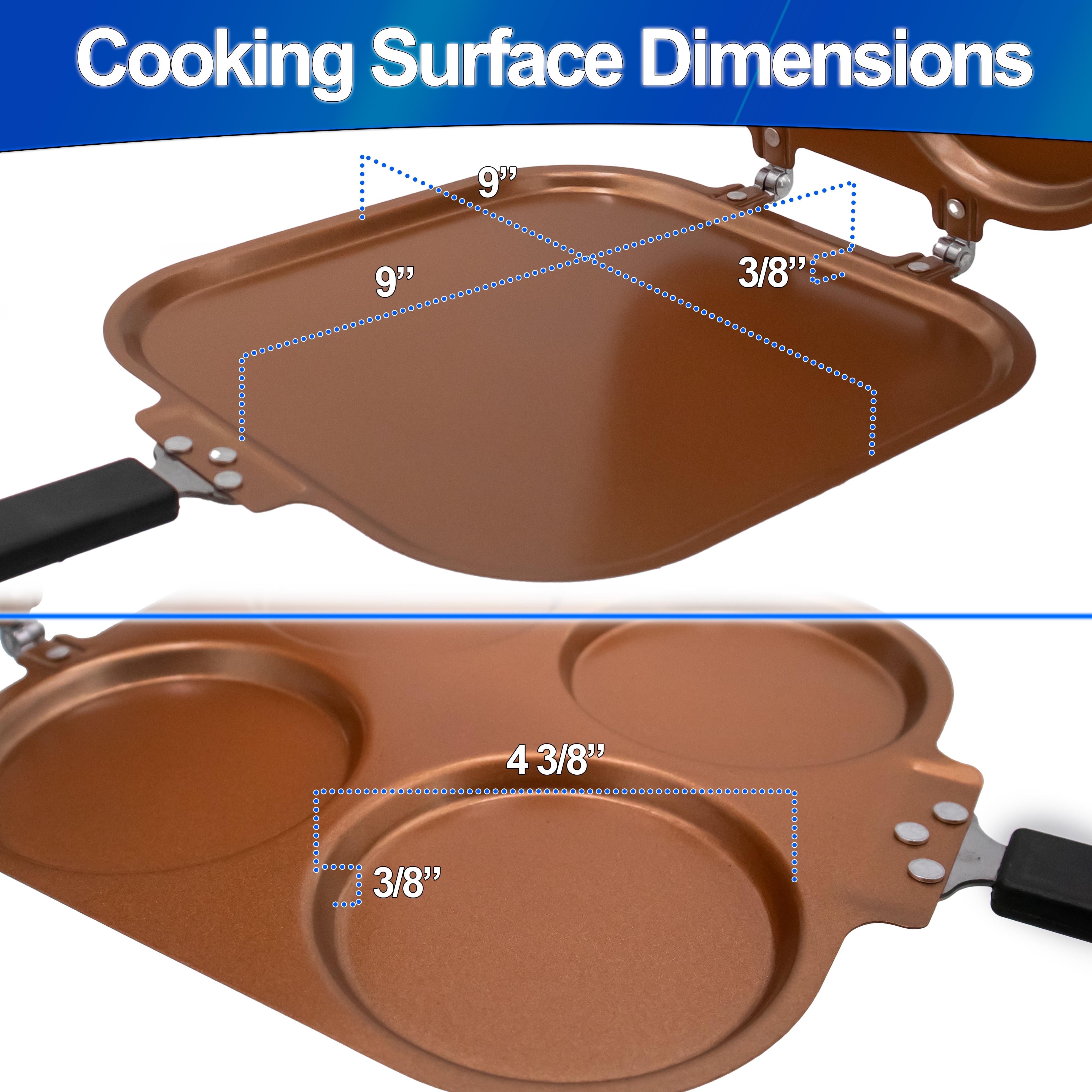 4 Mold Flip Pancake Pan - Dual-Sided Griddle, Copper Nonstick Aluminum Body and Reinforced Hinges, Compact Fold Flat Storage for RVs, Small Kitchens & Apartments