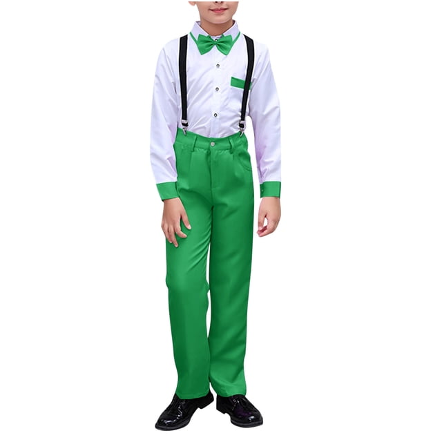 Mgmyaa Tenues d'Été pour Enfants Robe à Manches Courtes avec Chemise à Col et Nœud Papillon Bretelles Tenues Formelles pour Mariage Concours Performance