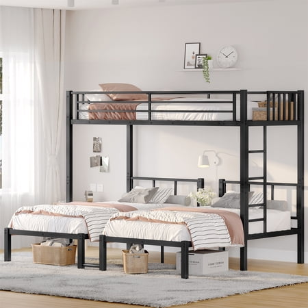 Alvantor Triple Bunk Bed Twin Size for 3, Metal Twin Xl over Twin & Twin Bunk Beds with Ladder and Shelf, Separates Into 3 Twin Beds Black