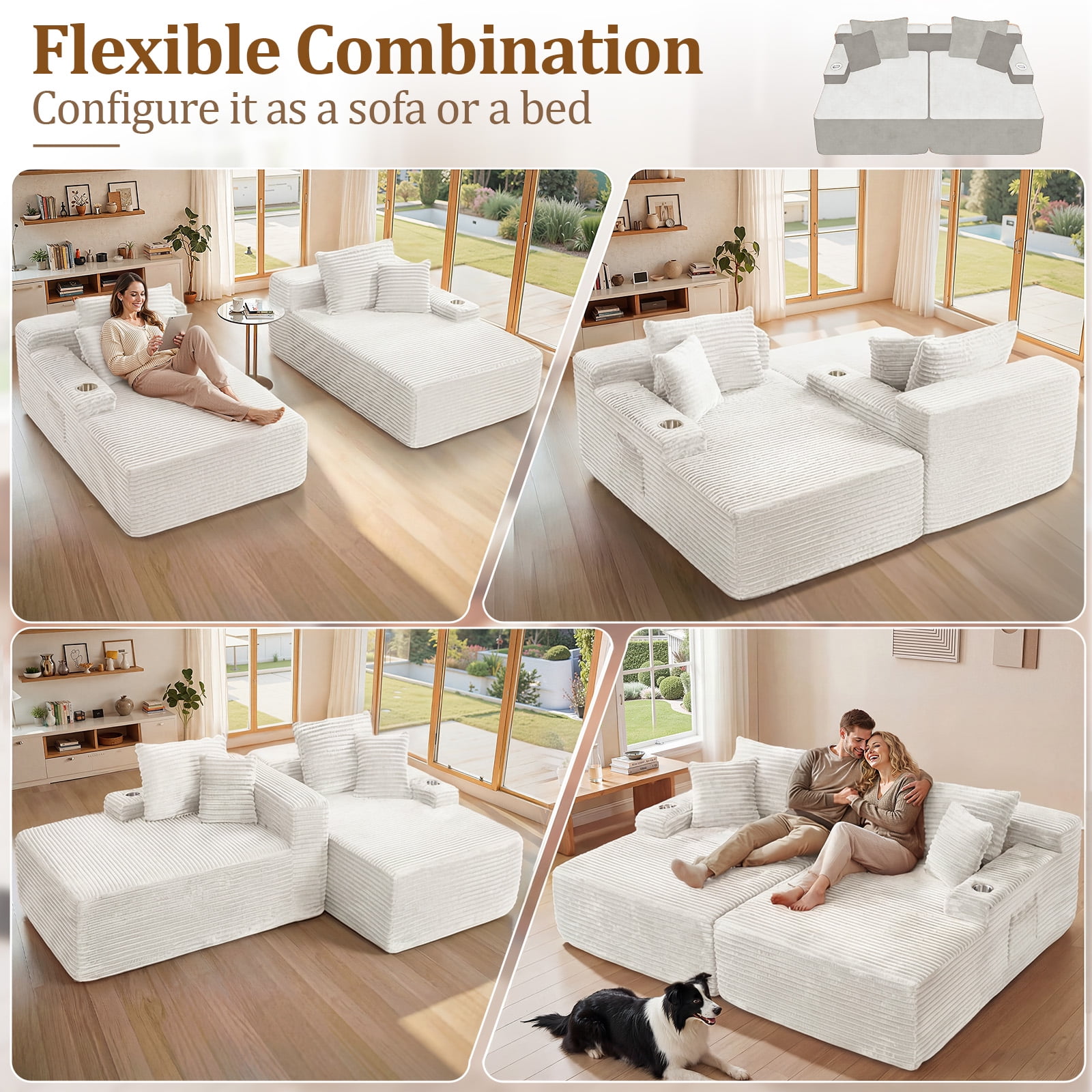 IPKIG 85" Oversized Double Chaise Sofa Bed, Corduroy Upholstered Boneless Cloud Sleeper Loveseat with No Assembly Required in Beige