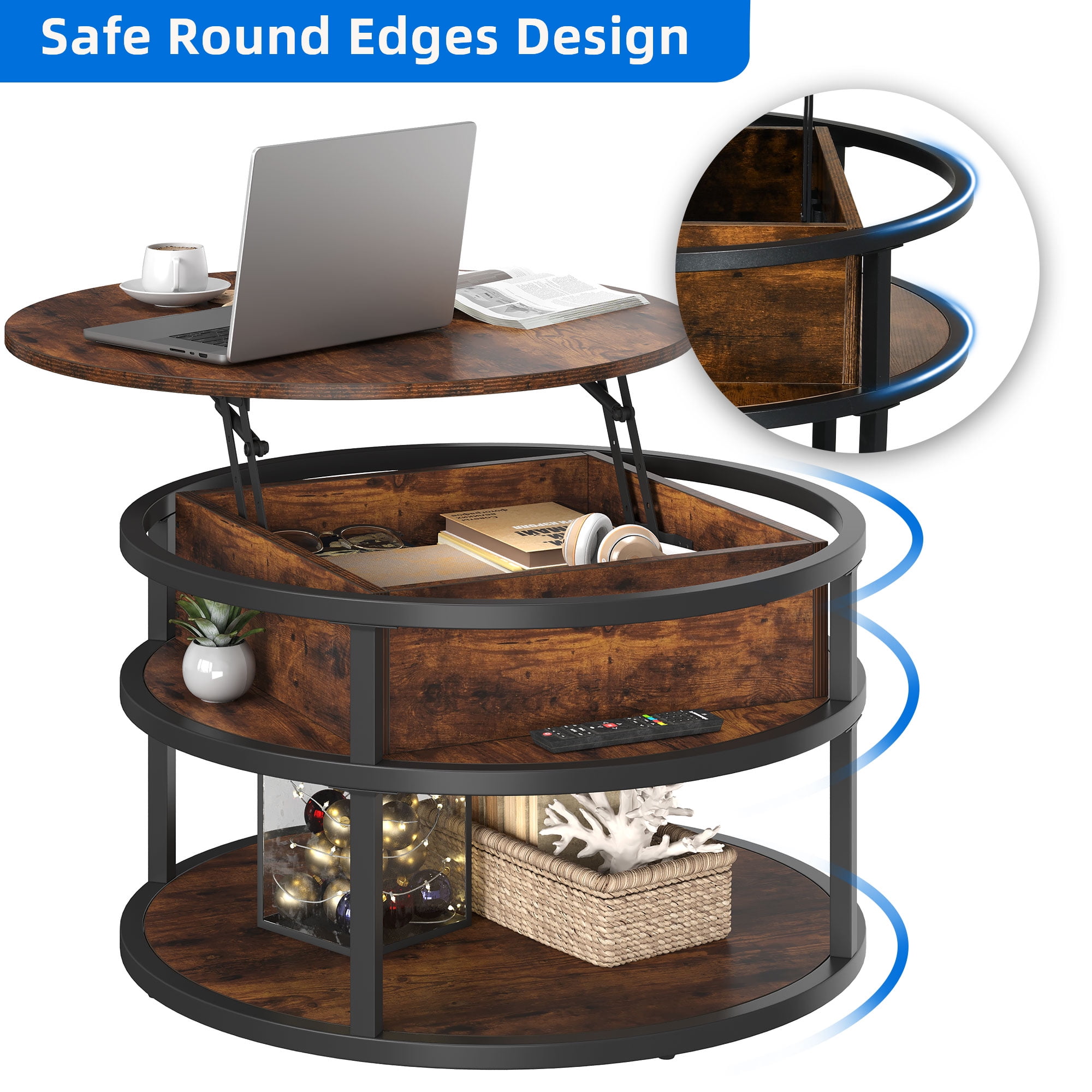 Dextrus Modern Lift Top Coffee Table with Storage, Brown