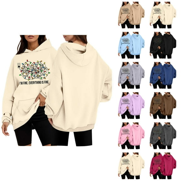 I'm Fine Everything Is Fine Funny Christmas Hoodies for Women Long Sleeve Holiday Hooded Sweatshirt with Pockets Pullover Top