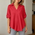 thumbnail image 2 of Vivianyo HD Women's Lace Detail Roll Tab Sleeve Blouse, V-Neck Casual Shirt for Women, Women's Red, Sizes S-4XL, 2 of 6