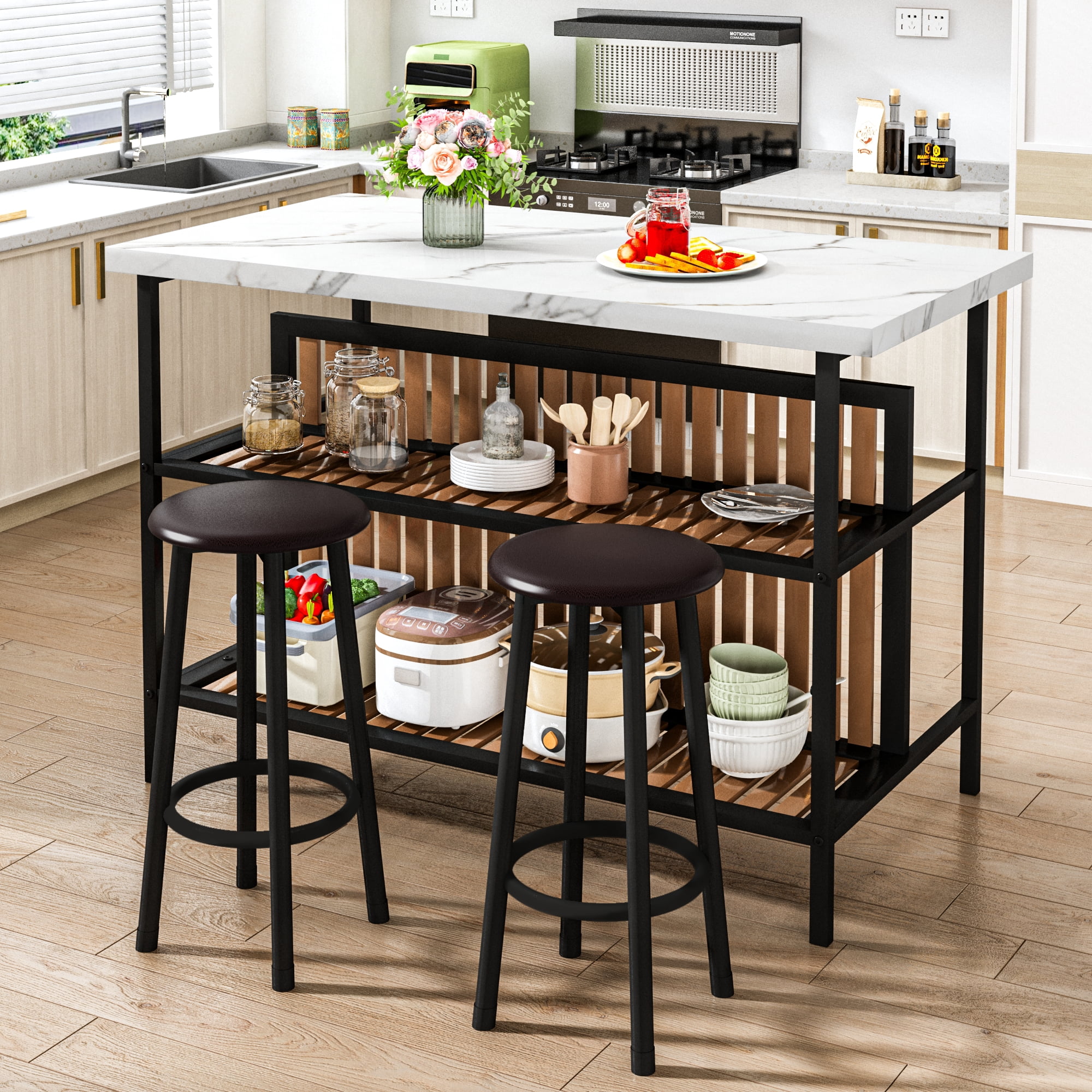 Cvortll Kitchen Island with Seating and Storage, 47.2" Wooden Counter Height Bar Table with 2 Stools, Space Saving Dining Table Set for Small Apartment or Bistro, White