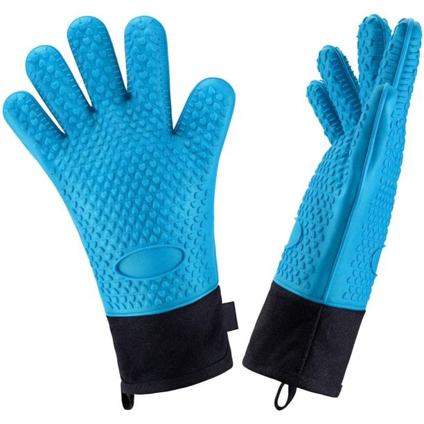 par de manoplas para parrilla de horno resistentes al calor, accesorios de manopla para barbacoa impermeables antideslizantes largos para hombres y mujeres, soportes para ollas de silicona negra, azul Fokelyi HQ-325