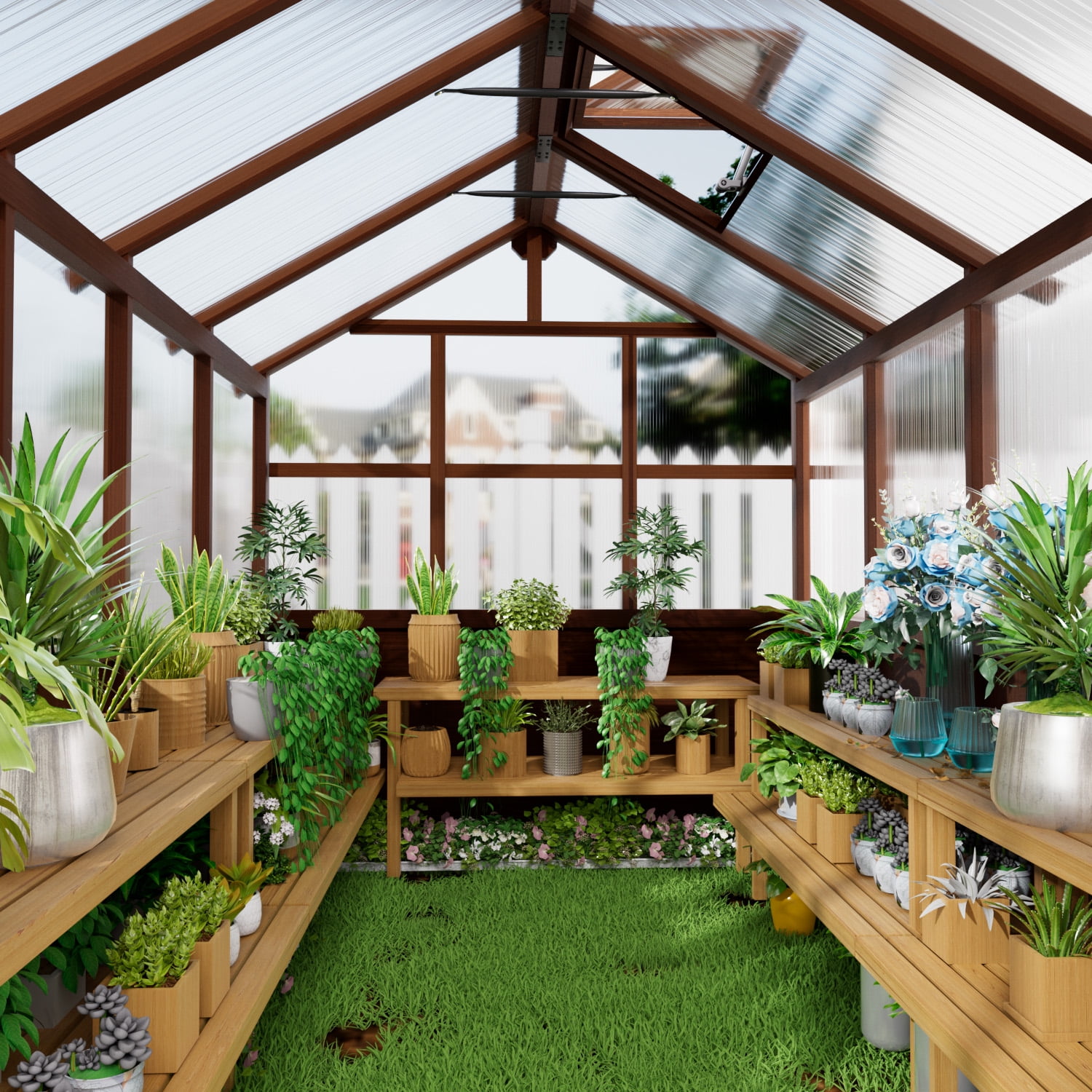 EASYHAWK 8 ft. x 16 ft. Wood Greenhouse for Outdoors, Polycarbonate Panel Wooden Walk-In Greenhouse Kit with Adjustable Roof Vent, Backyard Garden & Patio