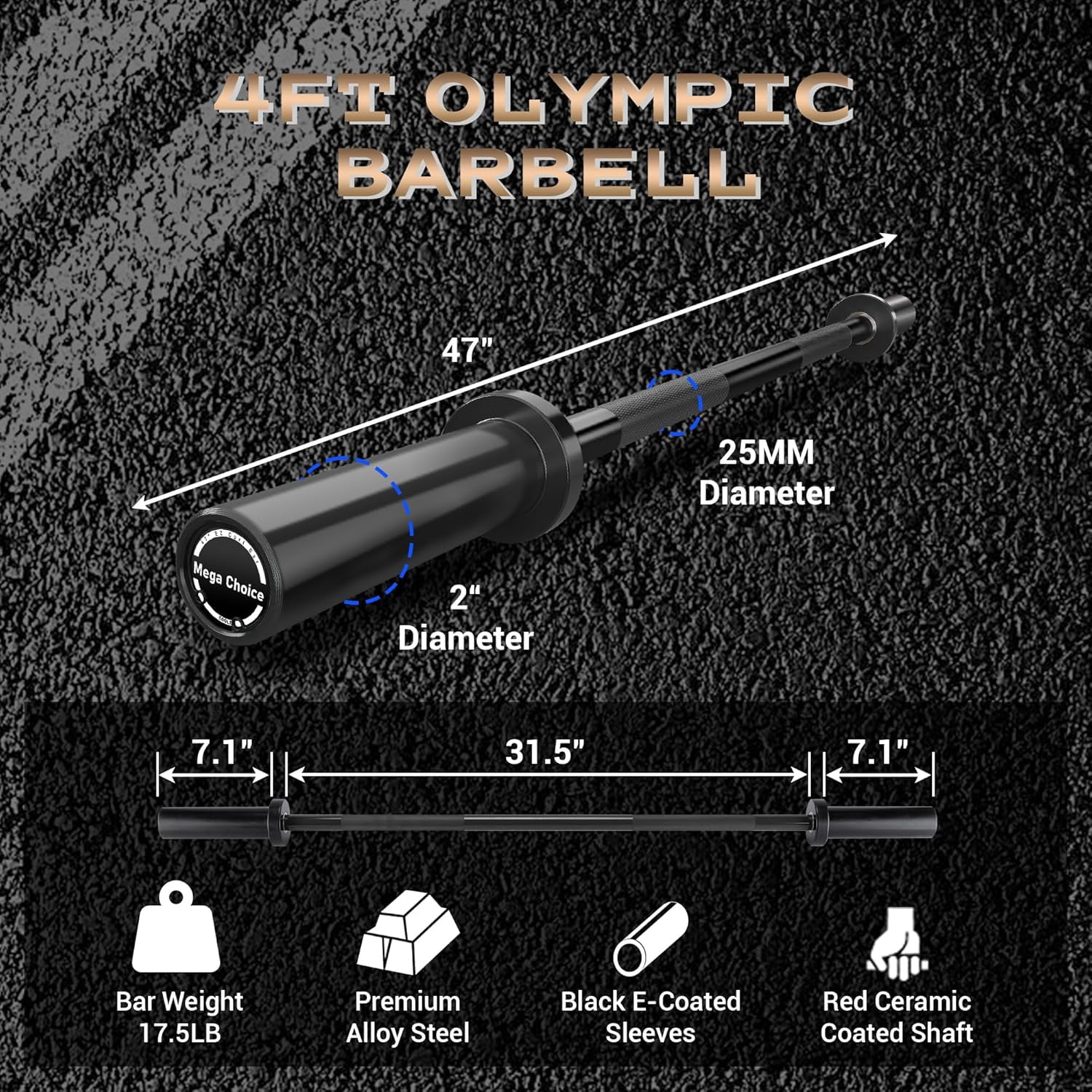 Olym pic Barbell, 4FT Weight Bar For Weightlifting and Powerlifting 45lb, Olym pic Bar for 500lbs Capacity, Weight Bar Fit 2” Standard Weights