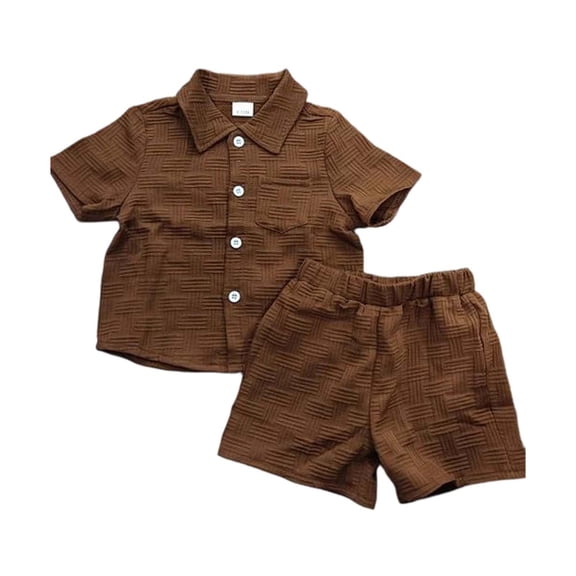 SNKSDGM Boys Linen Blend 2 Piece Summer Outfit, Lapel Short Sleeve Button Down Shirt Elastic Waist Shorts, Thin Breathable Kids Casual Play Suit Coffee 3-6 Month
