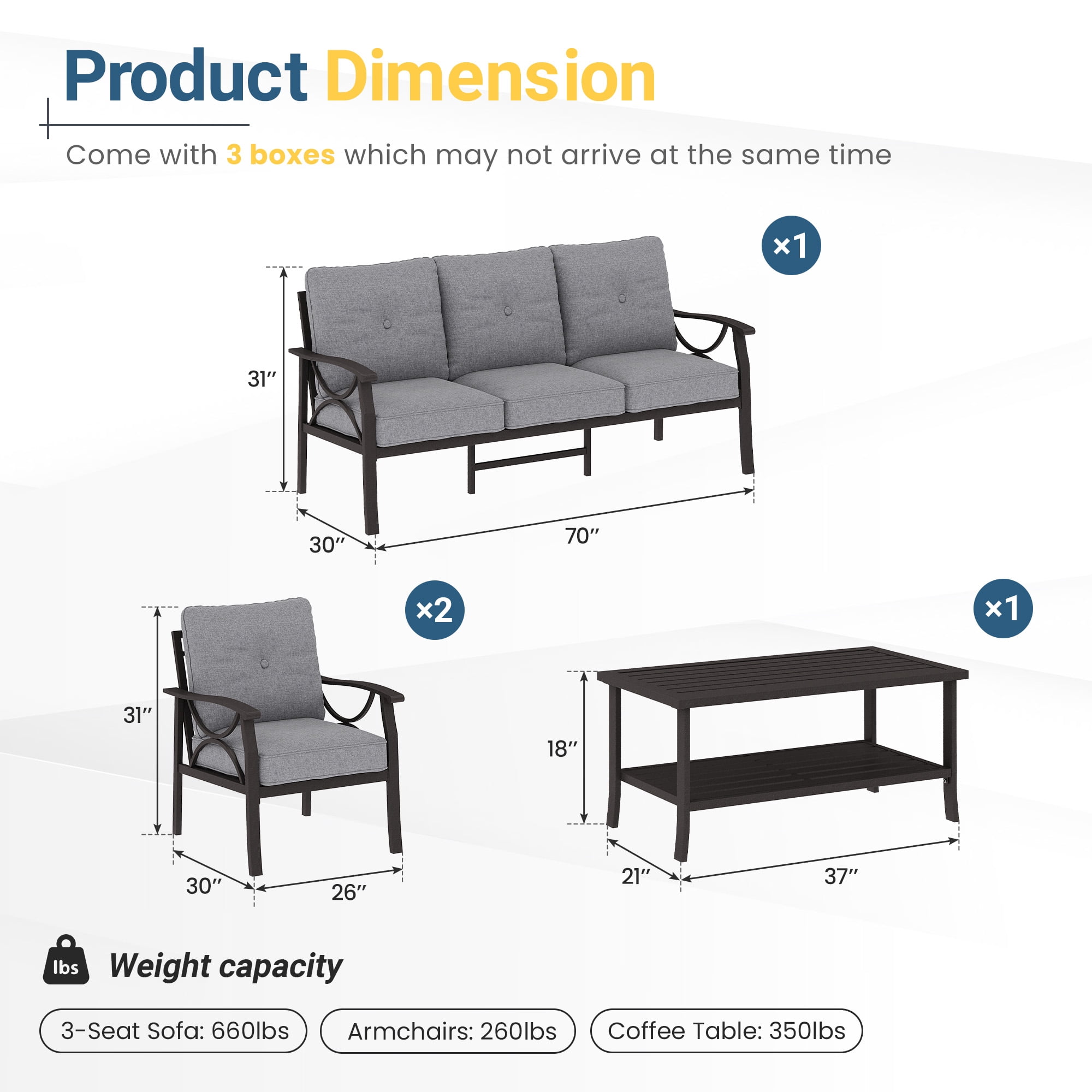 Heynemo 5-Seater Outdoor Patio Furniture Set, 4 Piece Patio Conversation Set with Coffee Table, Metal Furniture Set for Porch Backyard Garden, Grey