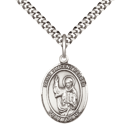 Pewter Patron Saint St. Vincent Ferrer Medal Pendant with 24" Rhodium Plated Heavy Curb Chain Catholic Religious Necklace - Made in USA,Deluxe Velvet Gift Box
