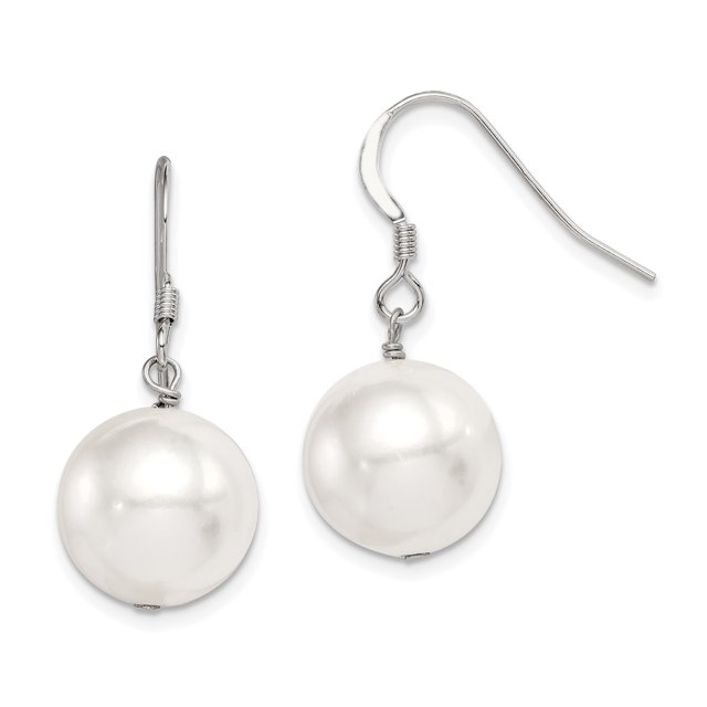 925 Sterling Silver White 12 13mm Round Shell Pearl Dangle Earrings Drop Natural Stone