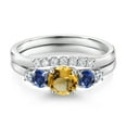 thumbnail image 3 of Gem Stone King 10K White Gold Yellow Citrine Blue Created Sapphire and White Lab Grown Diamond 5 Stone Bridal Engagement Wedding Ring Set for Women (1.11 Cttw, Round: 5MM and 3MM, Size 6), 3 of 6
