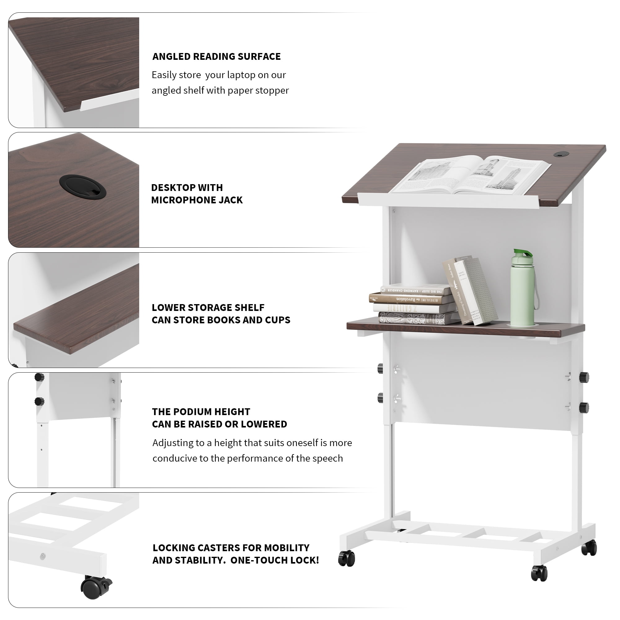 Portable Podium Stand with Wheels, Height Adjustable Lecture Podium With Shelf Cup Holder & Wire Hole, Mobile Pulpit For Churches, Meetings, Speeches, Classrooms, White