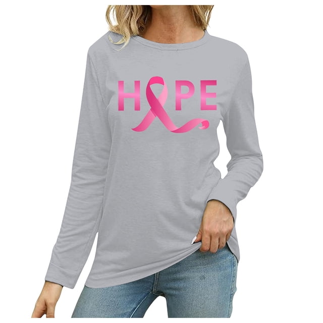 MKLEKYY Hauts Ajustés pour Femmes T-Shirt à Manches Longues Imprimé Mois de la Prévention du Cancer Col Rond Décontracté pour Femmes