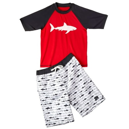 Big Chill Boys' 4-14 Short Sleeve Rash Guard Swim Shirt and Swim Trunks, 2-Piece Set with UV Protection
