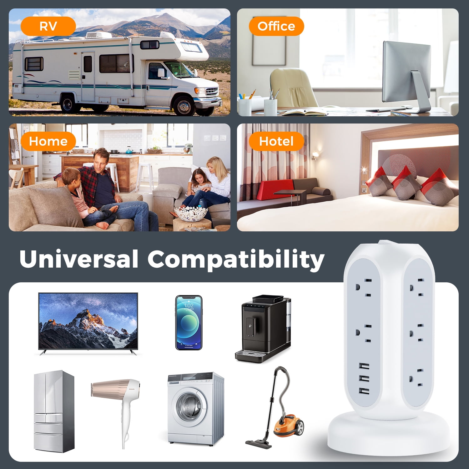 11-Outlet Spinning Charging Tower,  Power Strip with 5ft Ultra Thin Retractable Extension Cord and 3 USB Ports, 1050J Surge Protector, Gray