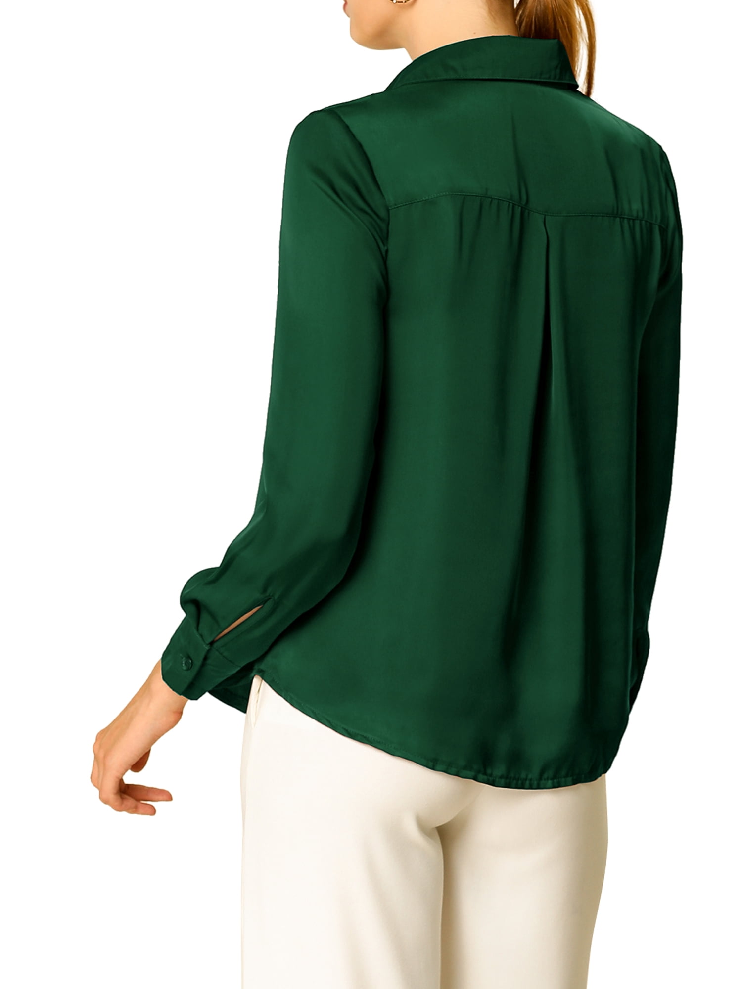 DARING DIVA Women's V Neck Classic Work Office Long Sleeve Shirt XS Dark Green