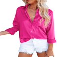 thumbnail image 2 of Women Button Down Satin Shirts  Long Sleeve Lapel Solid Color Relaxed Fit Office Work Blouse, 2 of 4