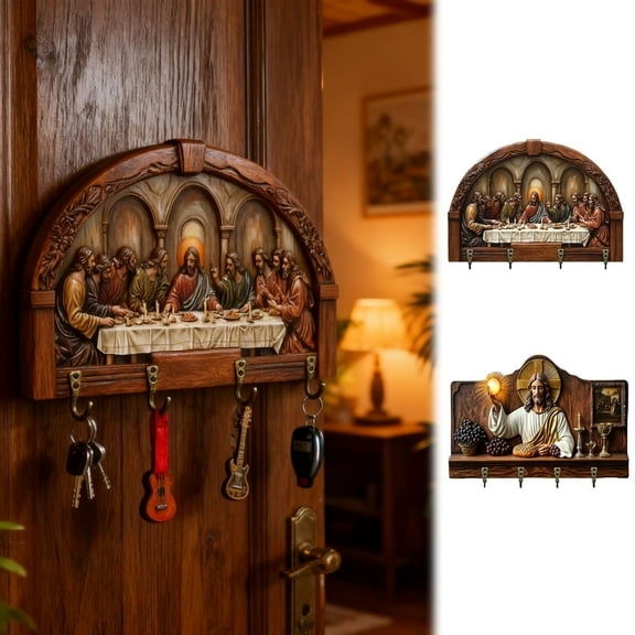 Wooden Wall-Mounted Key Holder with 4 Hooks, Religious Theme Welcome Sign for Home Decor, 2D Flat Wall Art Keychain Organizer