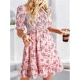thumbnail image 4 of Robes d'Été Décontractées pour Femmes Manches Courtes Col Carré Smocké Boho Floral Robe Fluide Ligne A Mini Robe Rose m, 4 of 8