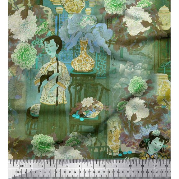 Soimoi Crepe Silk Fabric Flower Vase,Cat & Girl Human Figure Printed Fabric 1 Yard 42 Inch Wide