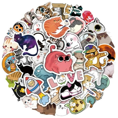 Junmo 50Pcs Cute Cat Stickers Decal, Waterproof Vinyl Kitty Stickers ...