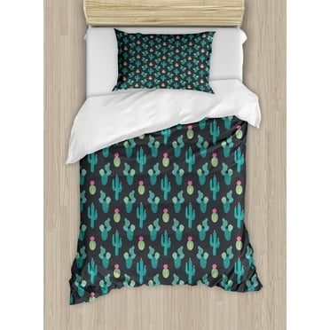 Botanical Duvet Cover Set Twin Size, Saguaro Cactus Pattern with Blooms Exotic Plants Cacti Mexican Accents, Decorative 2 Piece Bedding Set with 1 Pillow Sham, Grey Teal Pale Green, by Ambesonne