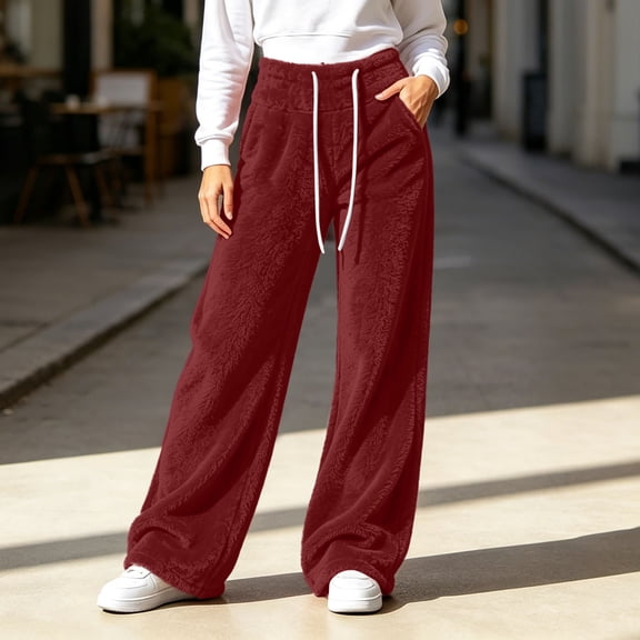 BRELIL Women's Fuzzy Fleece Wide Leg High Waisted Lounge Pants with Pockets Casual Loose Palazzo Trousers Baggy Athletic Pants Fall Winter Outfits, Wine 2XL